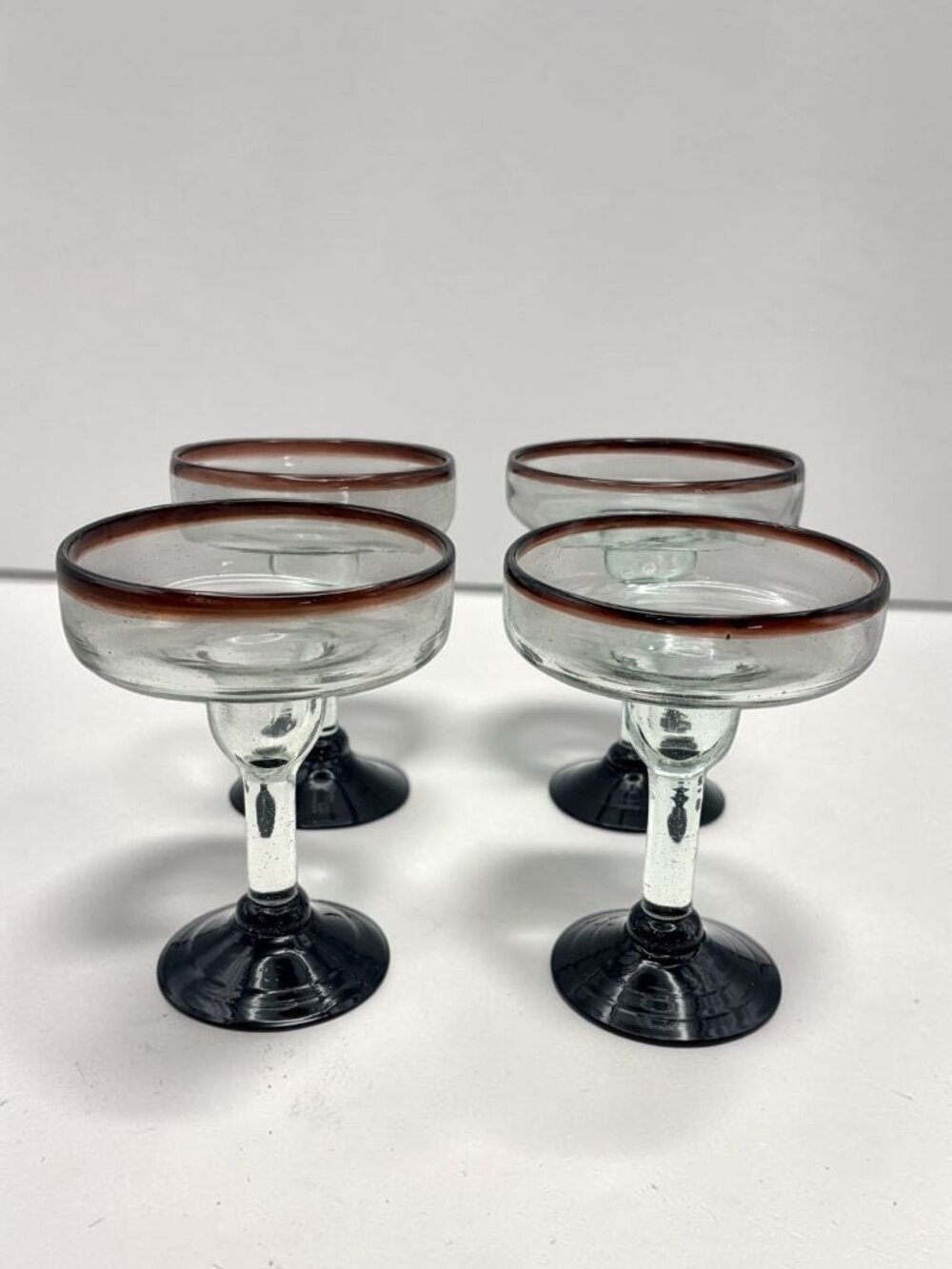 Set of 4 Margarita Glasses Brown Rim Smoke Base Clear Bubble Glass Barware 6.25"